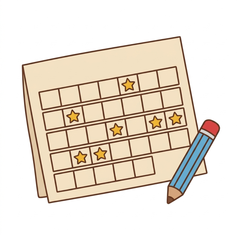 Ilustracao de calendario escolar com estrelas douradas marcando os dias de aula, ao lado de um lapis azul