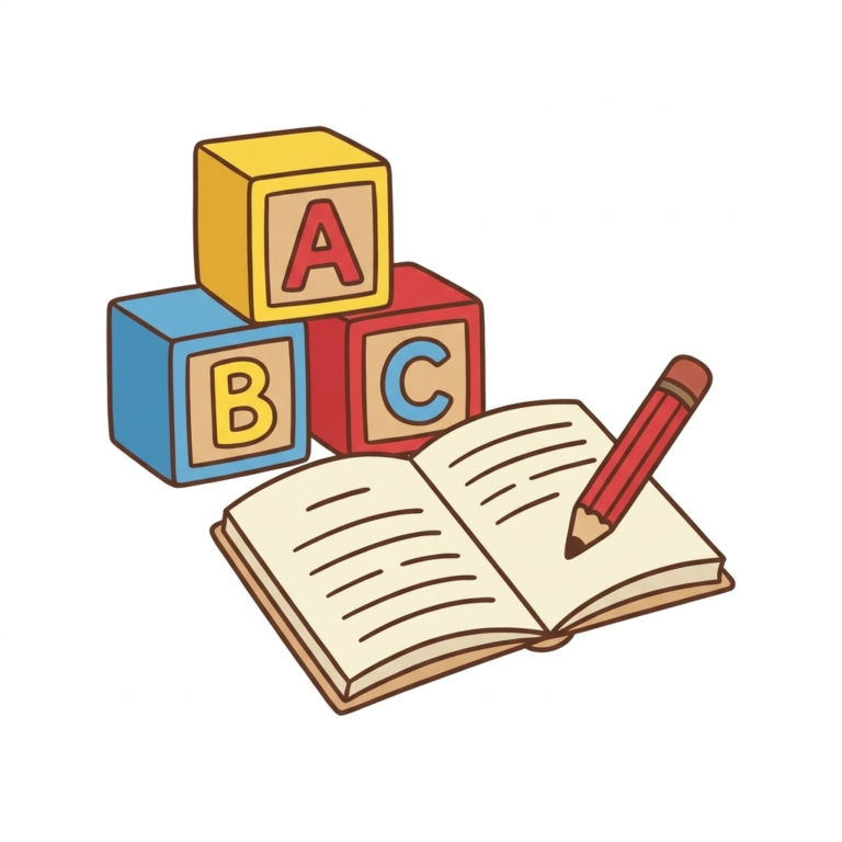 Ilustracao de blocos com as letras A, B e C ao lado de uma cartilha aberta com lapis