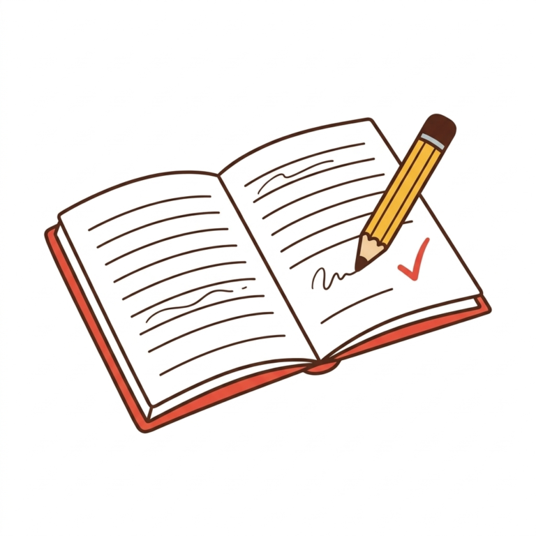 Ilustracao de caderno escolar aberto com lapis e um visto vermelho de exercicio corrigido