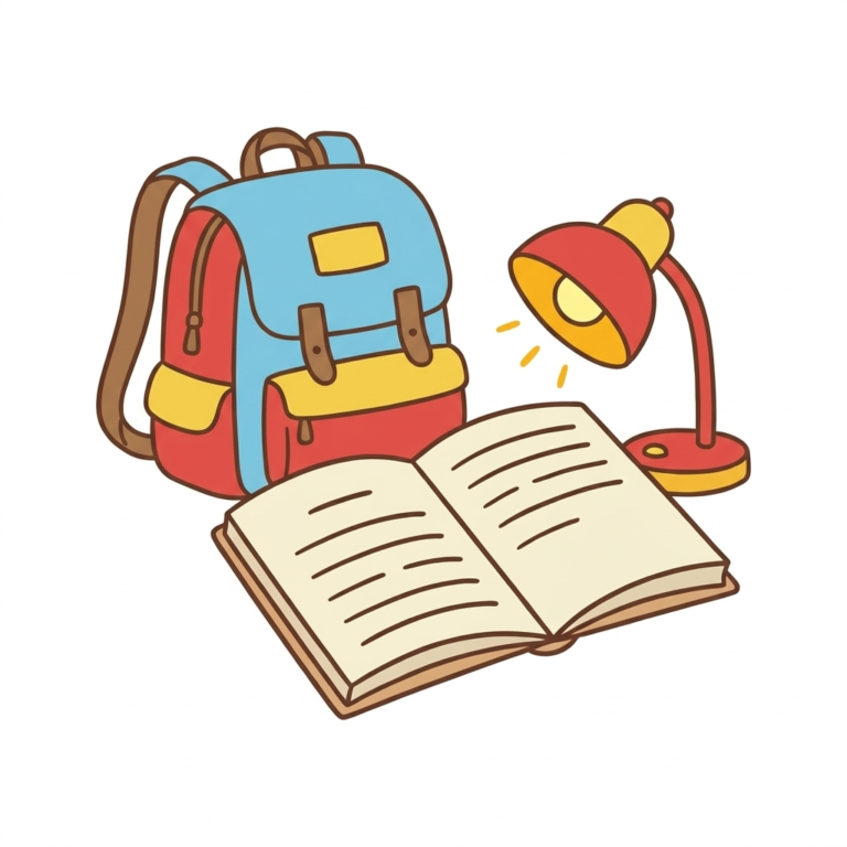 Ilustracao de mochila escolar, caderno aberto e luminaria acesa, o canto de fazer a licao de casa